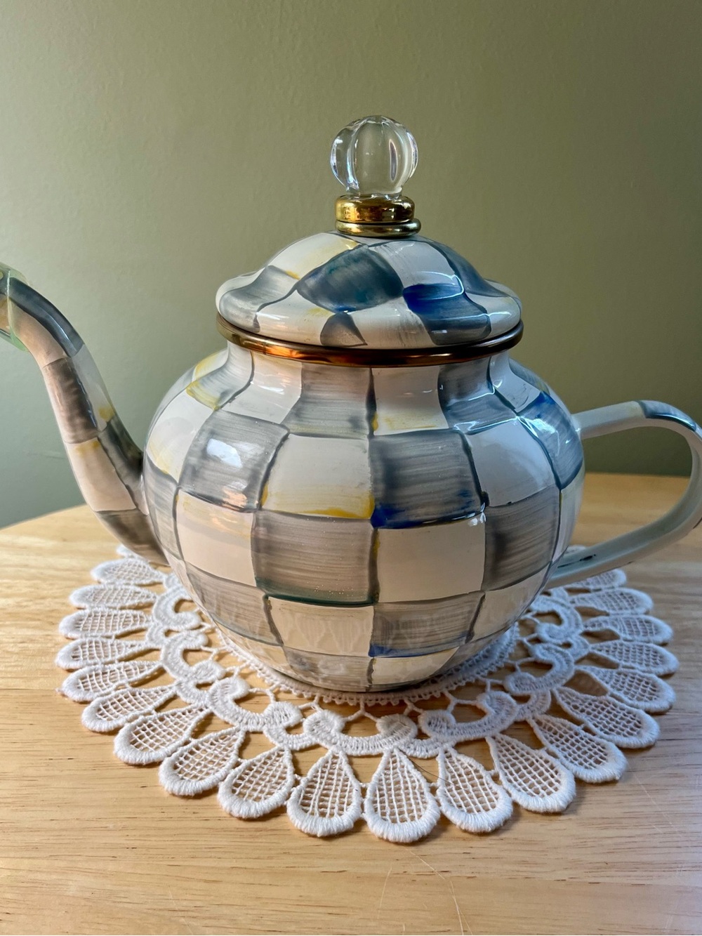 MacKenzie-Childs White and Gray Sterling Check 4 Cup Teapot